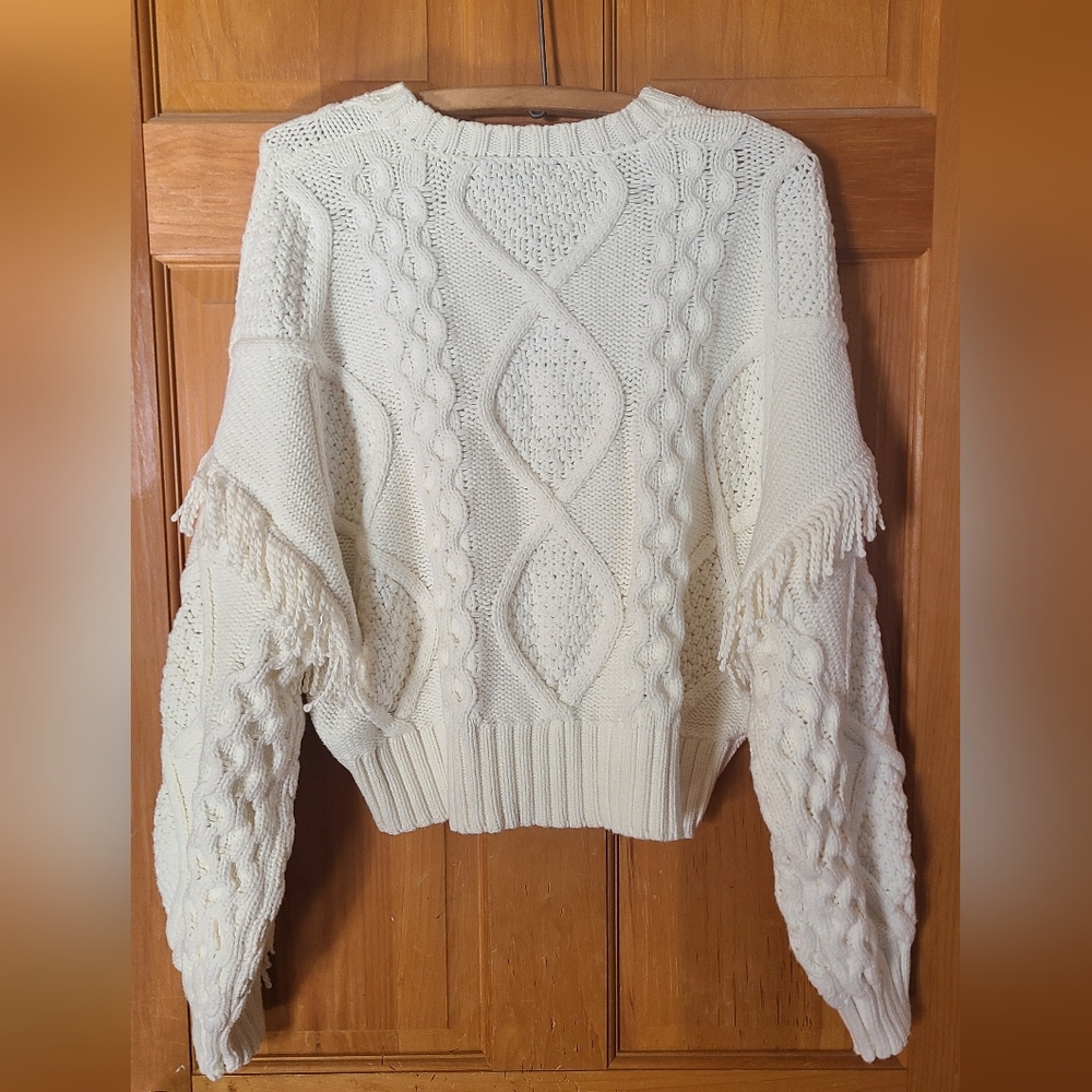 Fringed Cable-Knit Cropped Cream Sweater Buffalo David Bitton Coastal Cowgirl - Picture 3 of 4